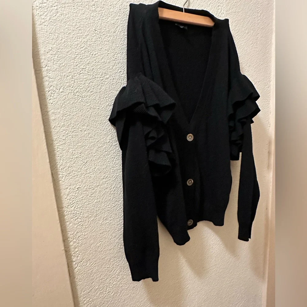Lumiere Sweater Women’s Ruffled Tiered V Neck Black Long Sleeve Cardigan  Size L